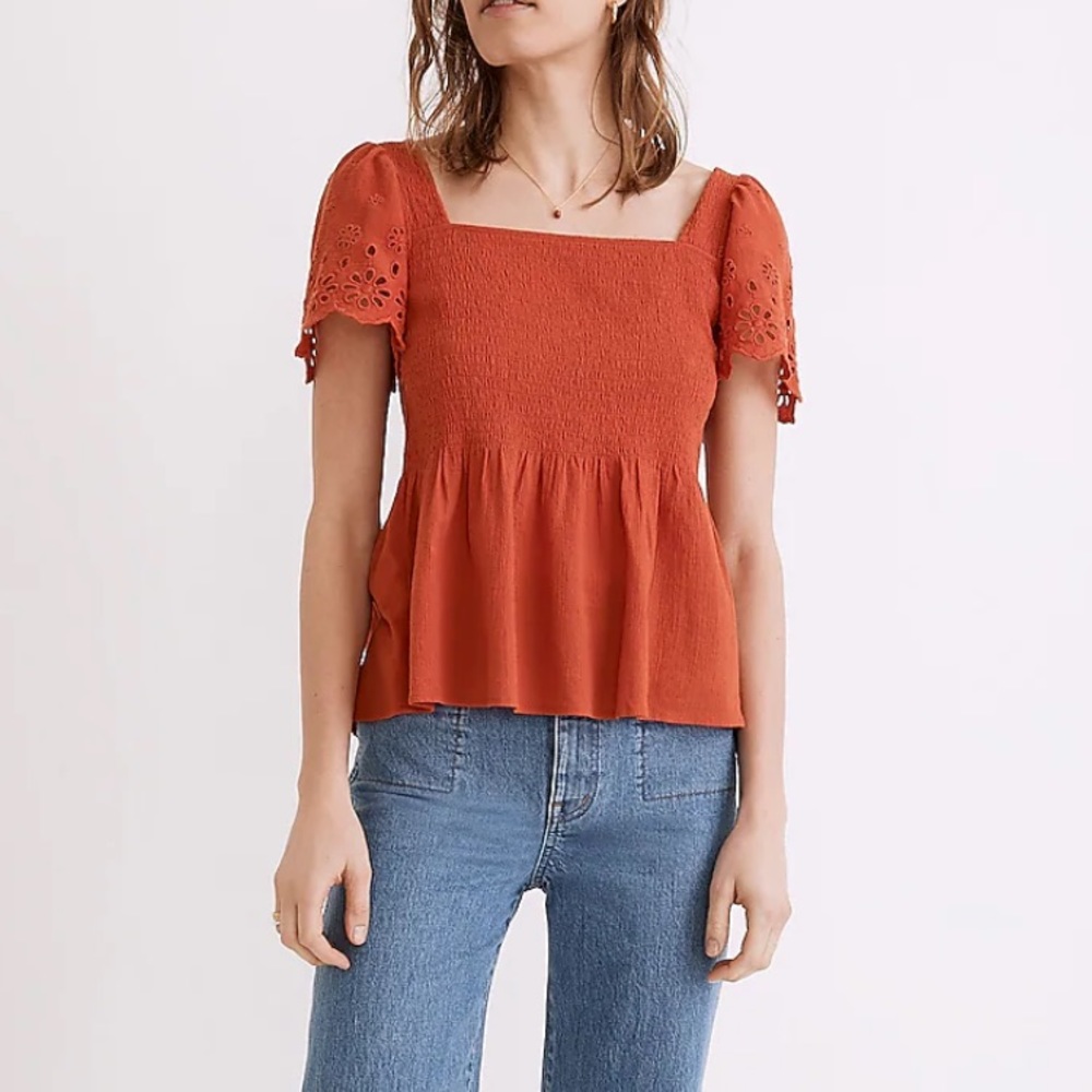 Madewell Eyelet-Sleeve Lucie Smocked Peplum Short Sleeve Top